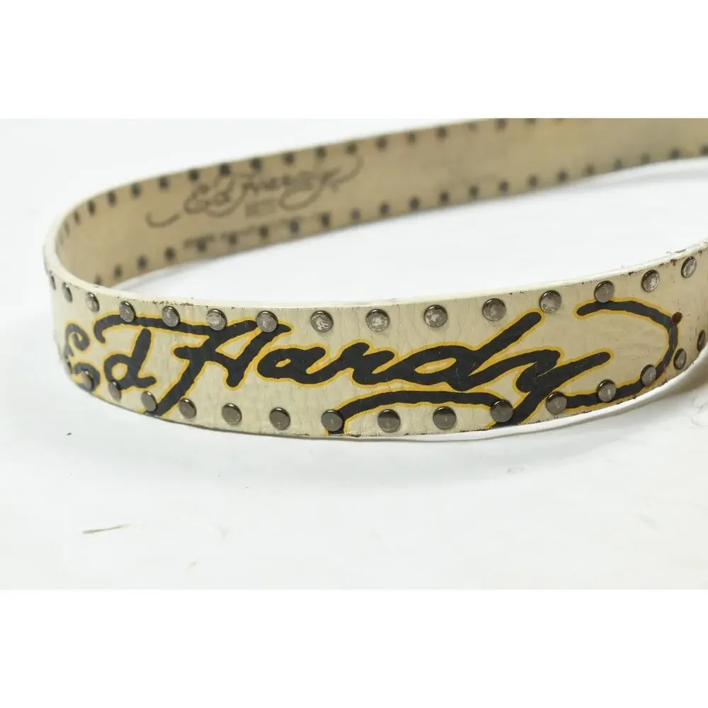 Ed Hardy Belt Mens Large Ivory Genuine Leather Skull Flames Studded Grommet Y2K